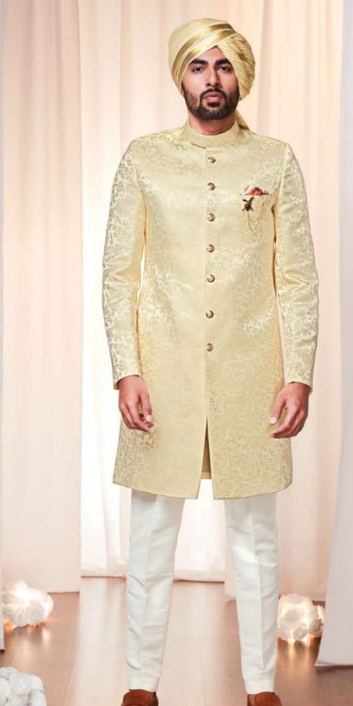 Gold Zari Embroidered Silk Wedding Sherwani - Mehdi Hasan Tailor Aligarh