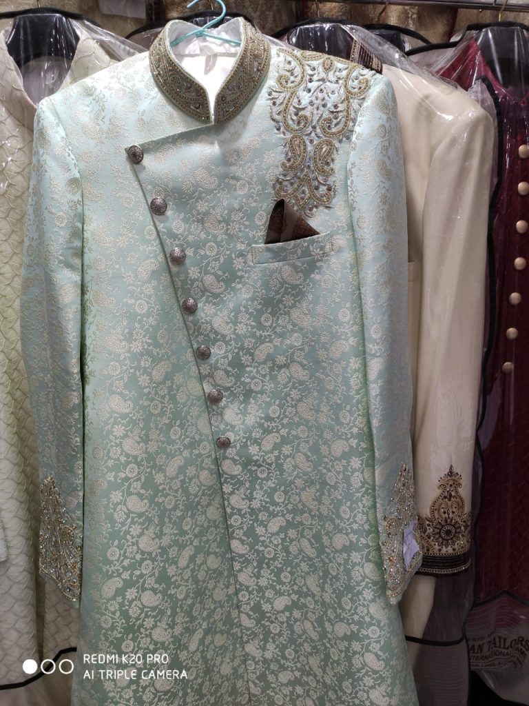 Pastel Blue Zari Woven Silk Indo-Western Sherwani