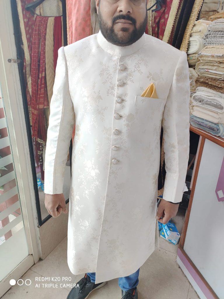 White Thread Embroidered Silk Wedding Sherwani