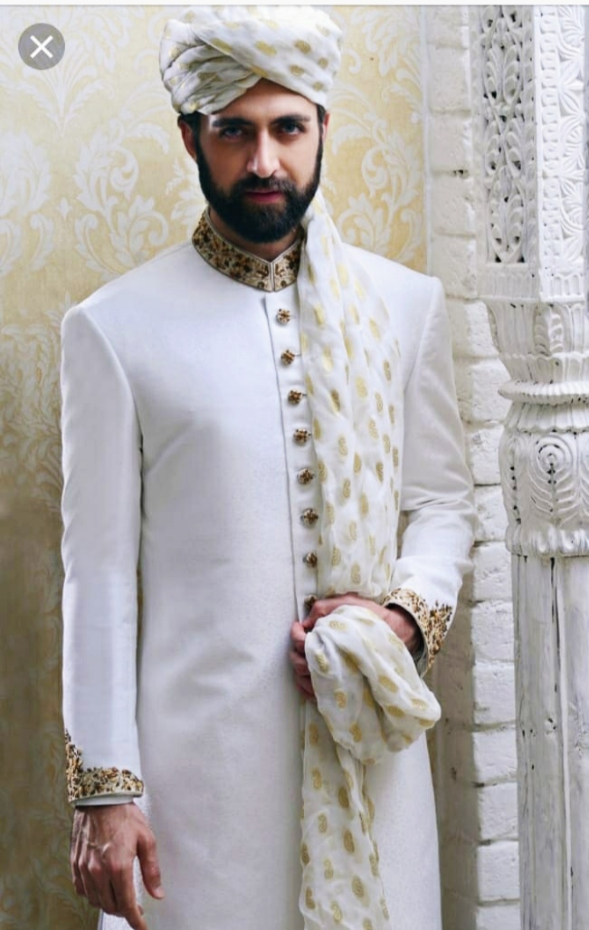 White embroidered jamawar sherwani