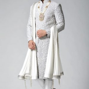 light gray resham embroidered silk wedding sherwani