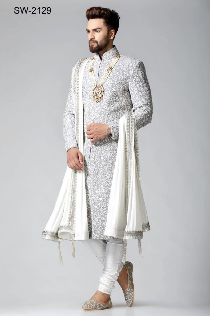 Light gray embroidered silk wedding sherwani - Mehdi Hasan Tailor Aligarh