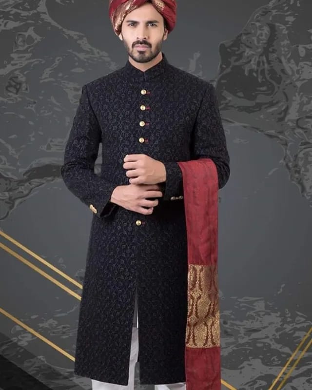 Men's Black Cotton Silk Indo- Western Sherwani